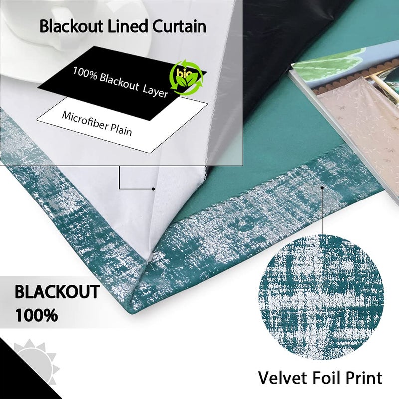 always4u 100% Blackout Soft Velvet Curtains for Bedroom Living Room Thermal Energy Saving 108 Inches Long Luxury Silver Foil Print Drapes 2 Panels Teal - Image 2